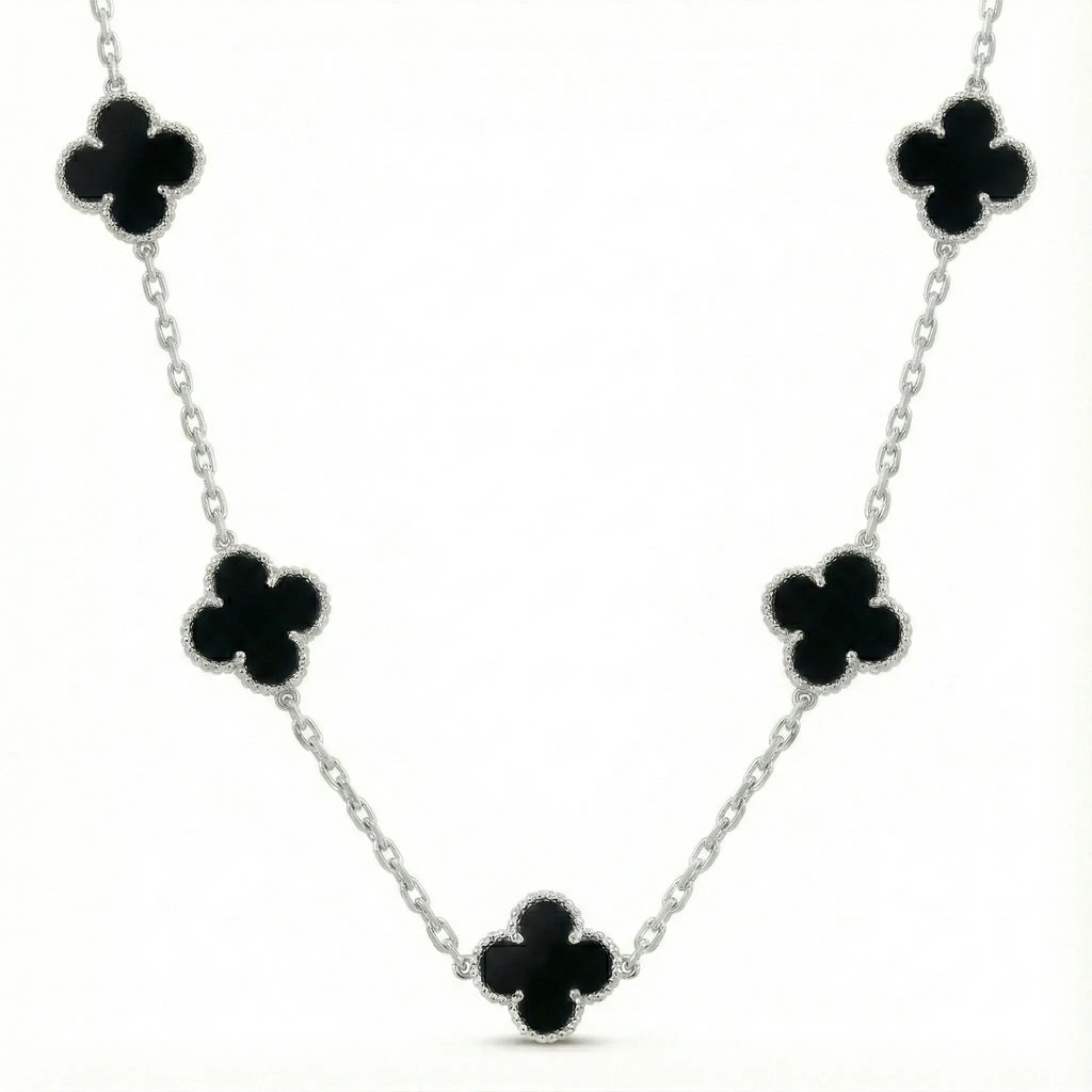 Colar 5 Trevos Pretos (Estilo Van Cleef) em Prata 925