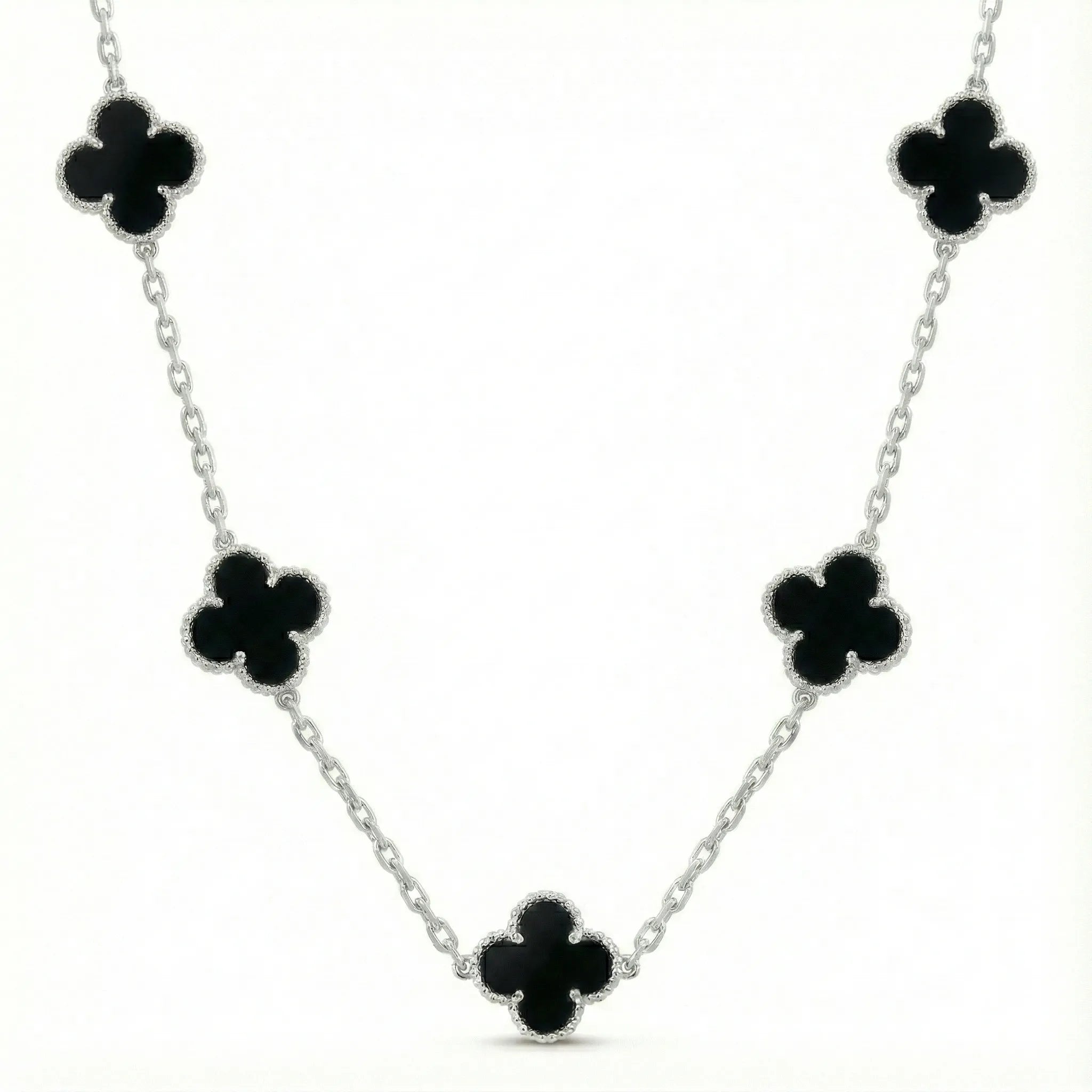 Colar 5 Trevos Pretos (Estilo Van Cleef) em Prata 925