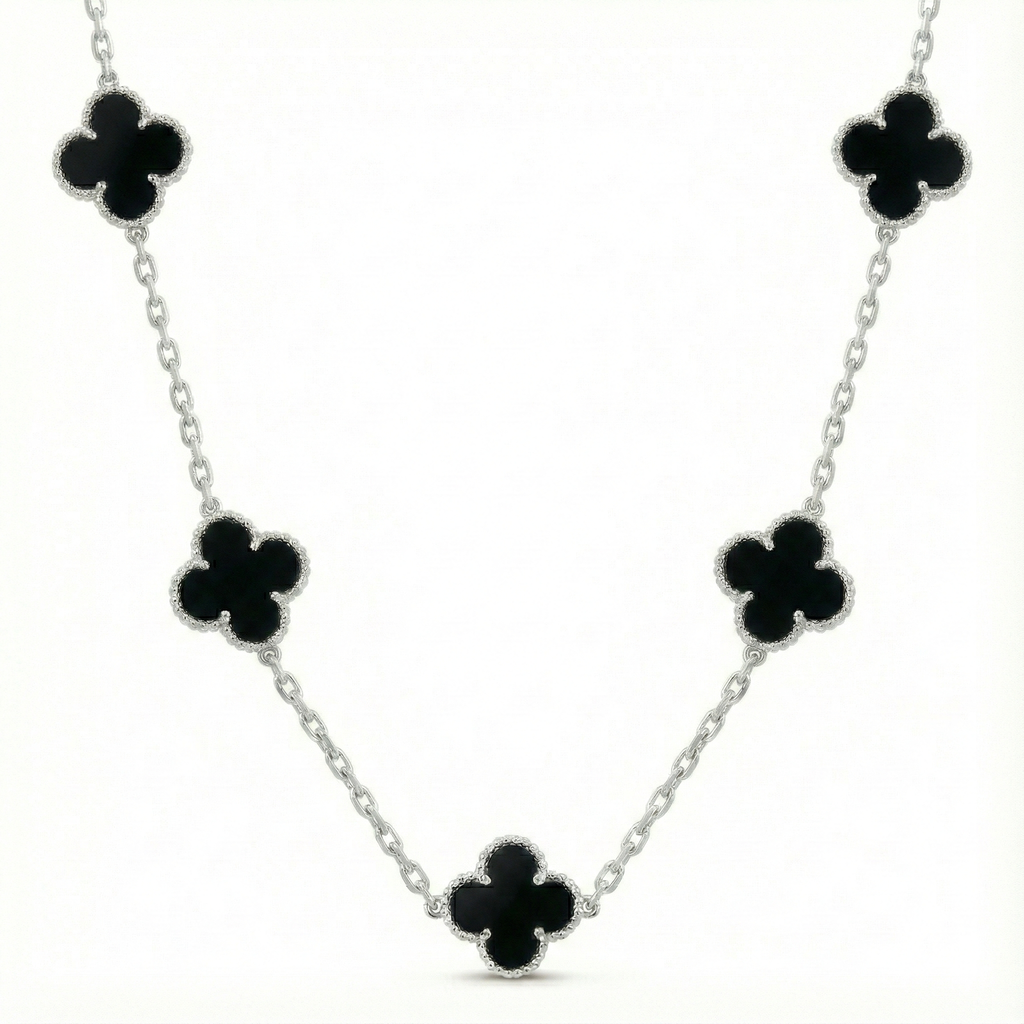 Colar 5 Trevos Pretos (Estilo Van Cleef) em Prata 925