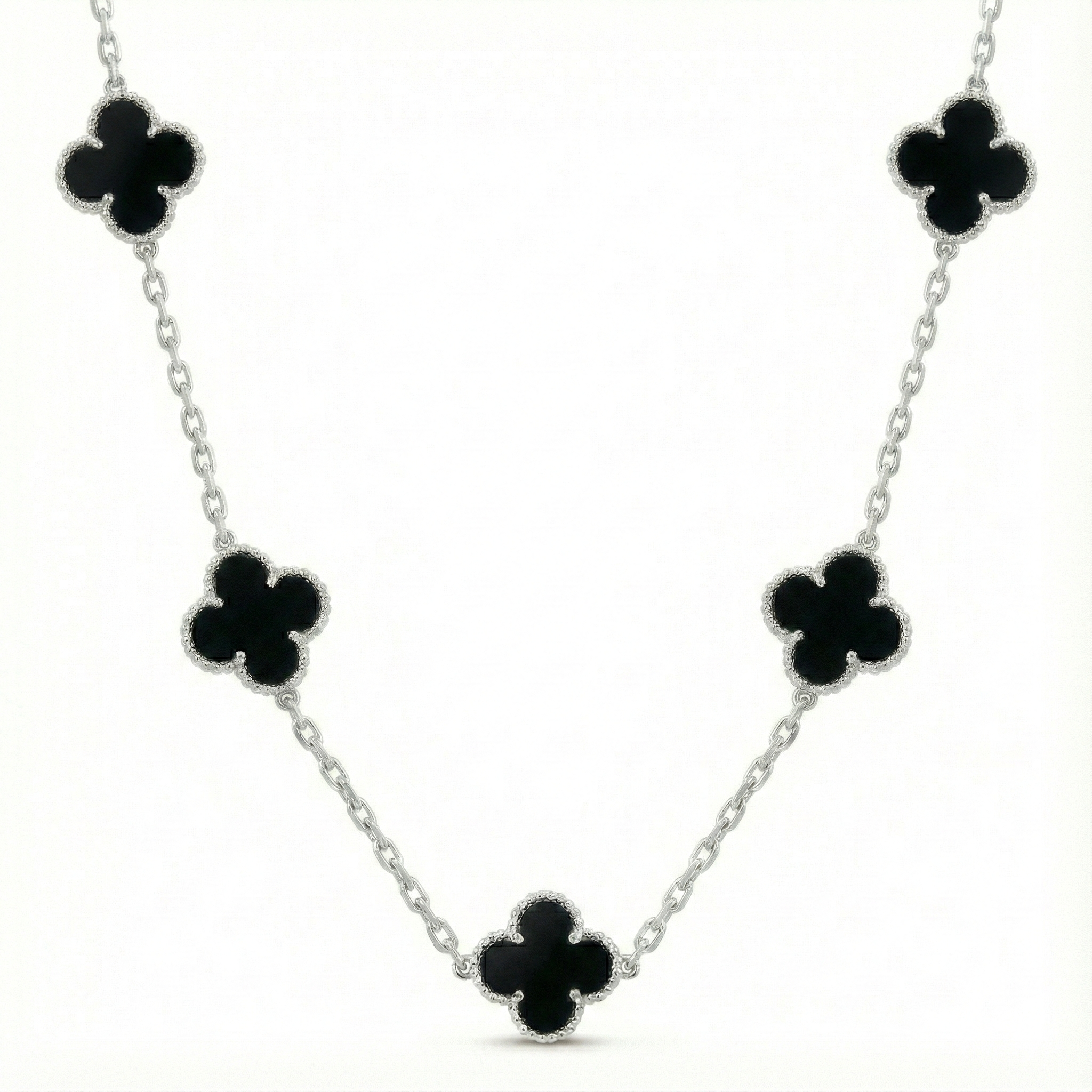 Colar 5 Trevos Pretos (Estilo Van Cleef) em Prata 925