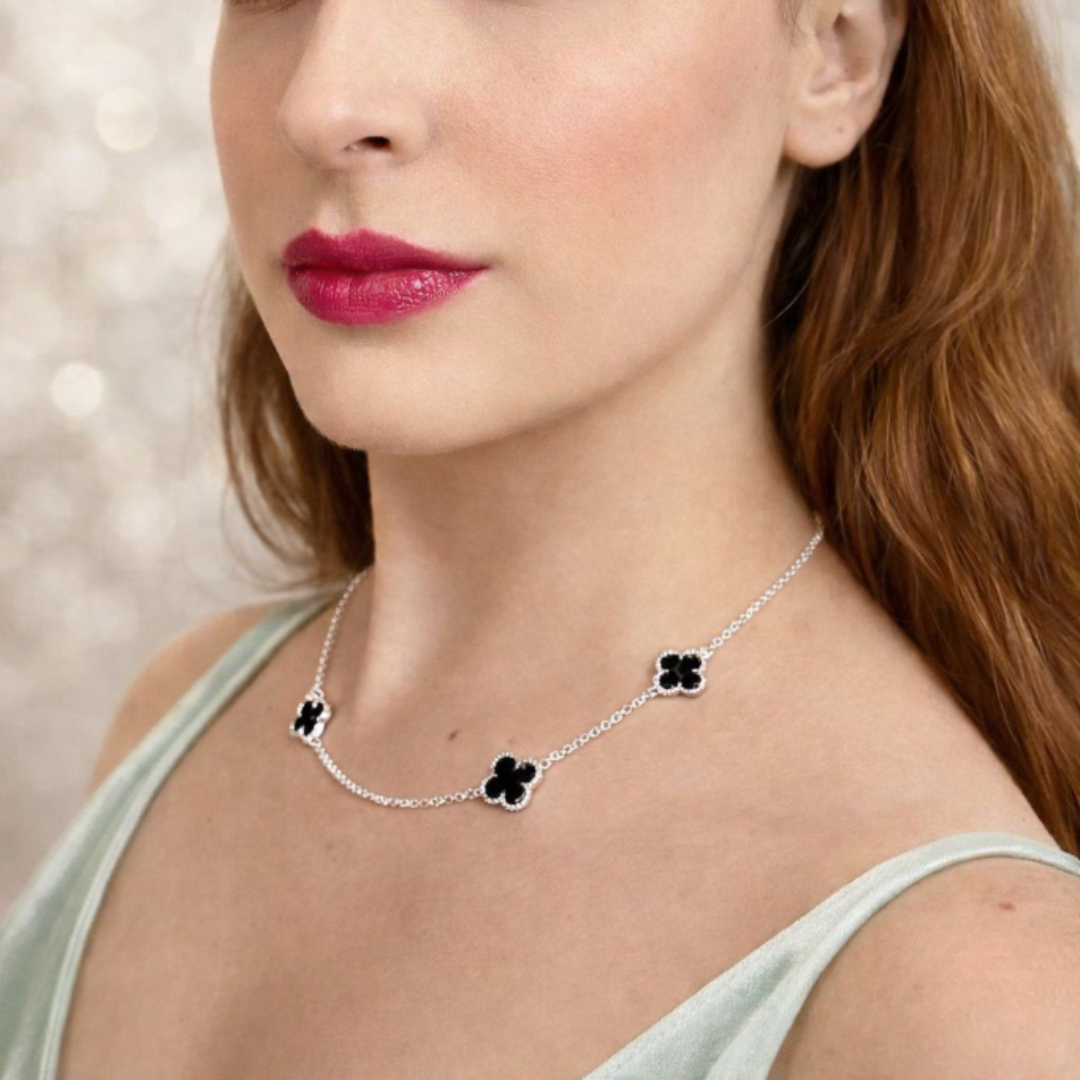 Colar 5 Trevos Pretos (Estilo Van Cleef) em Prata 925