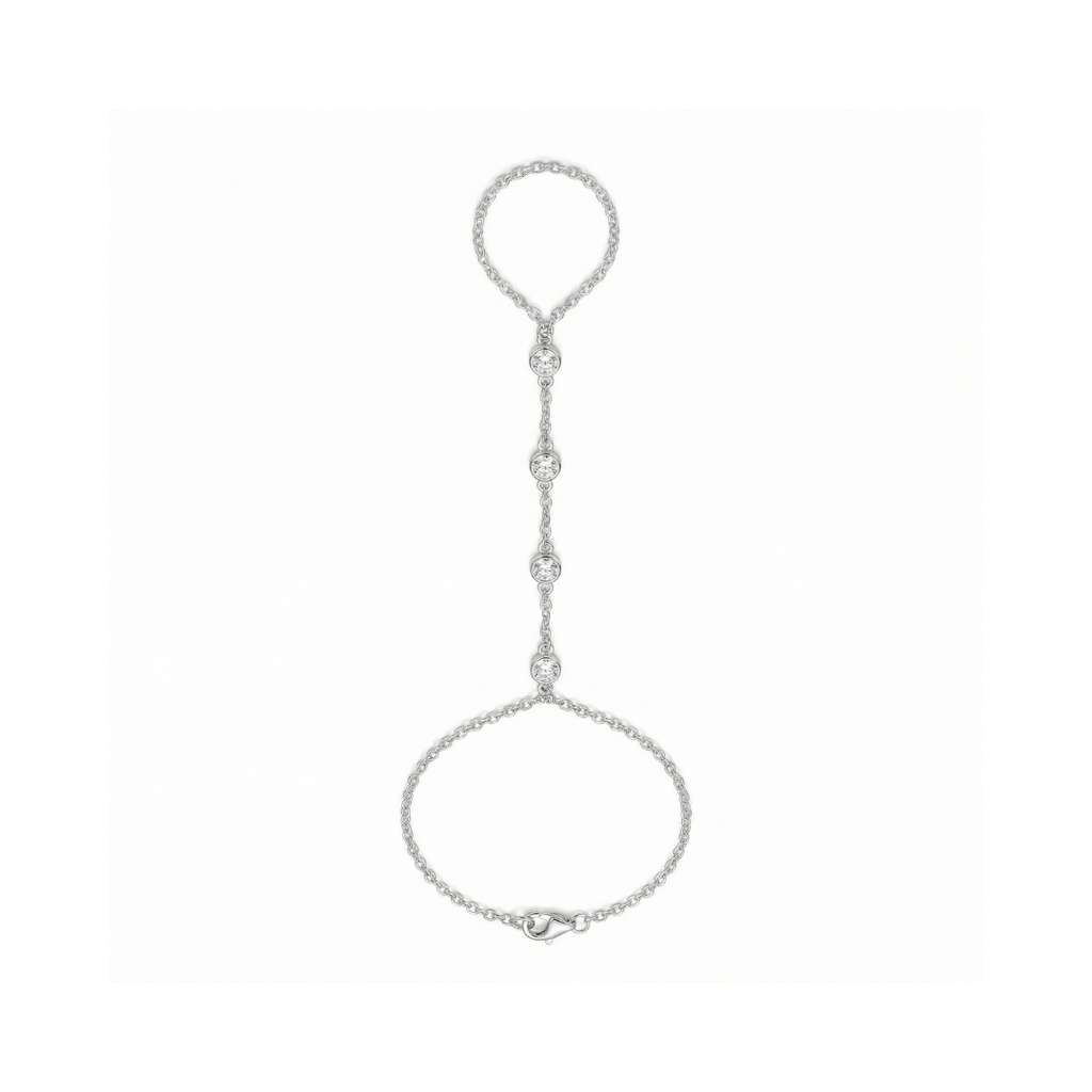 Pulseira de prata 925 com design elegante, pedras redondas e elo para dedo.