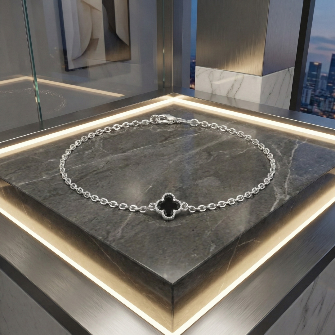 Pulseira Trevo Preto (Estilo Van Cleef) em Prata 925