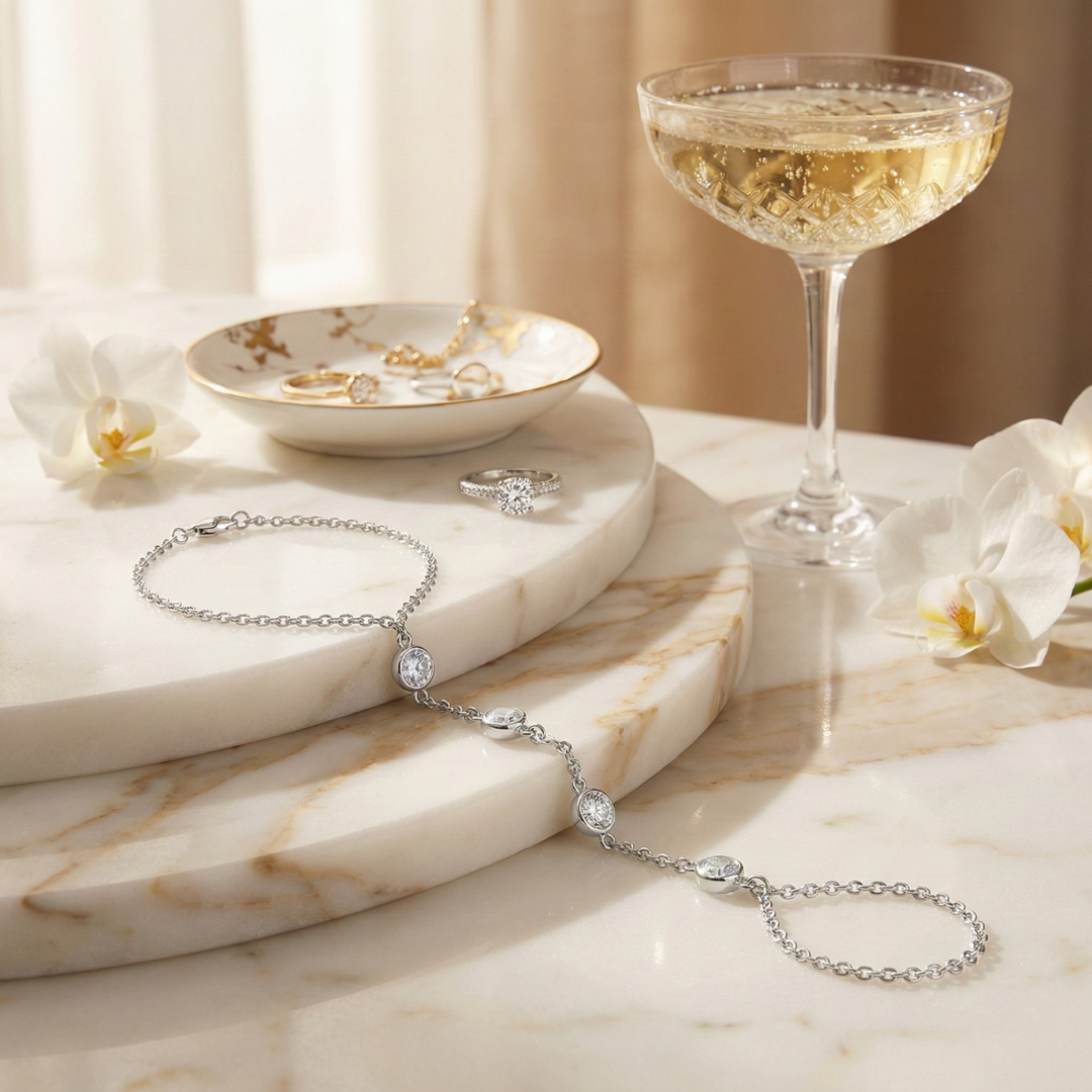 Pulseira de Mão Hand Chain Elo Português com Zircônias em Prata 925