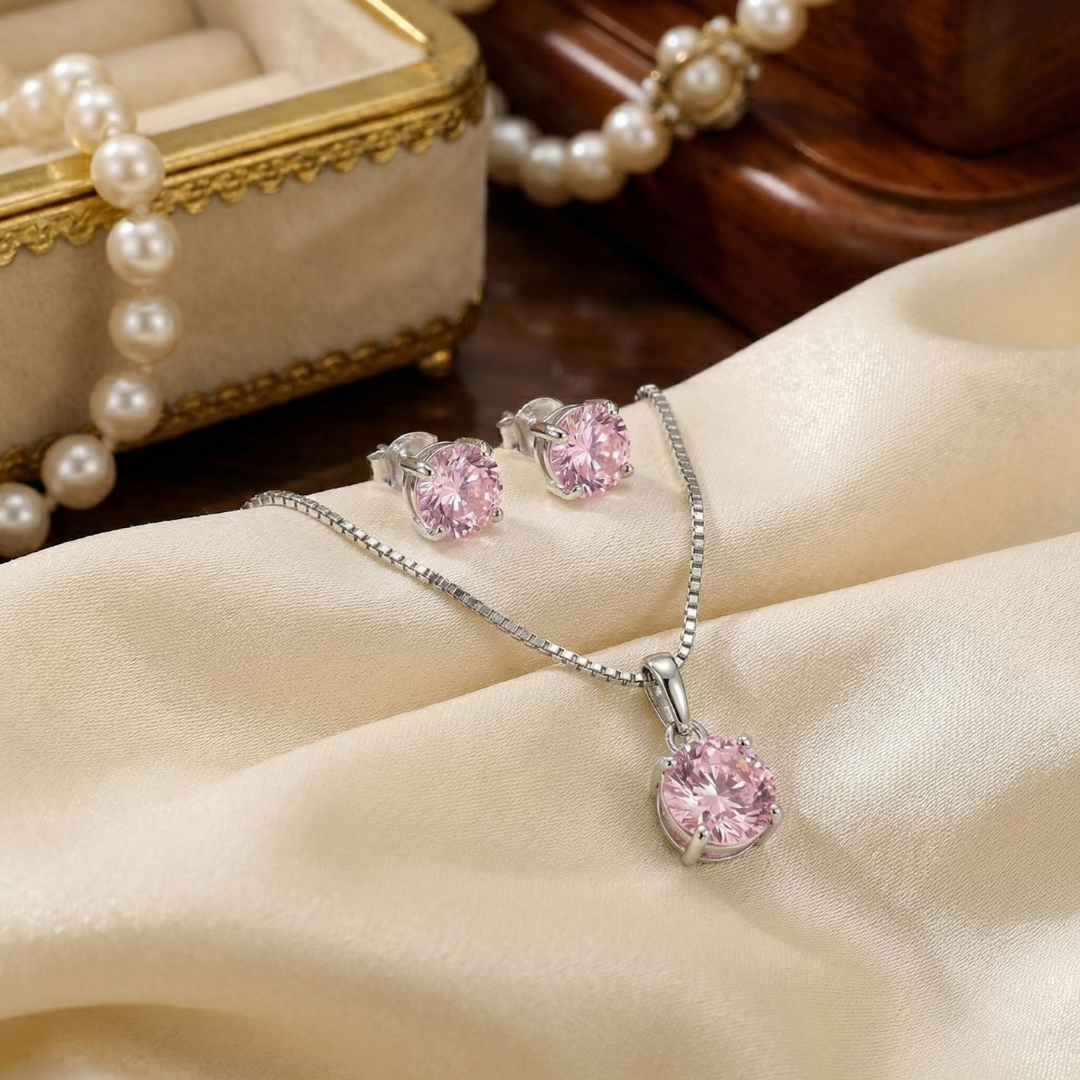 Conjunto Ponto de Luz Rosa: Colar e Brincos em Prata 925