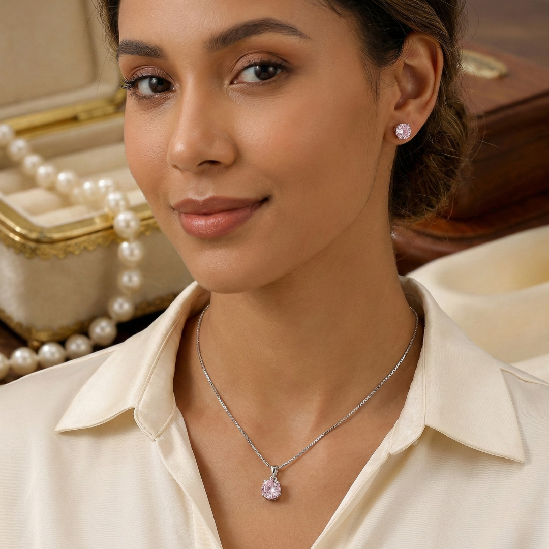 Conjunto Ponto de Luz Rosa: Colar e Brincos em Prata 925