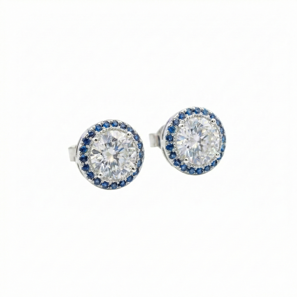 Brincos de prata 925 com zirconia central e pedras azuis em aro, estilo solitário