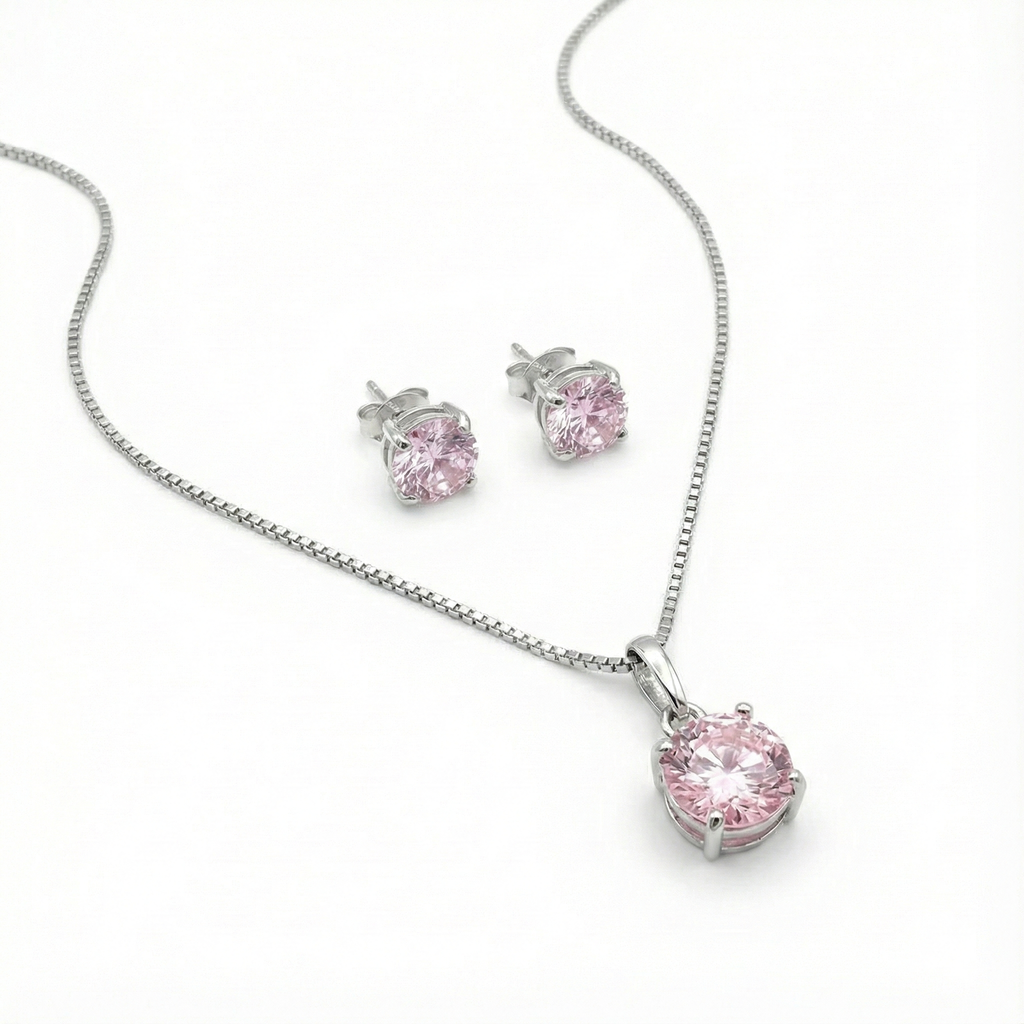 Conjunto Ponto de Luz Rosa: Colar e Brincos em Prata 925