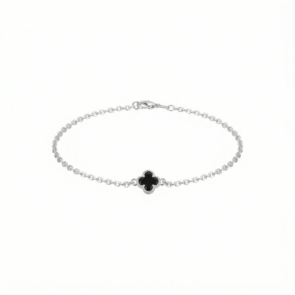 Pulseira de prata 925 com pingente trevo preto, joia delicada e elegante para mulheres